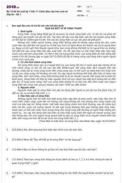 Bộ 10 đề thi cuối kỳ 1 Văn 11 Cánh diều cấu trúc mới có đáp án - Đề 1