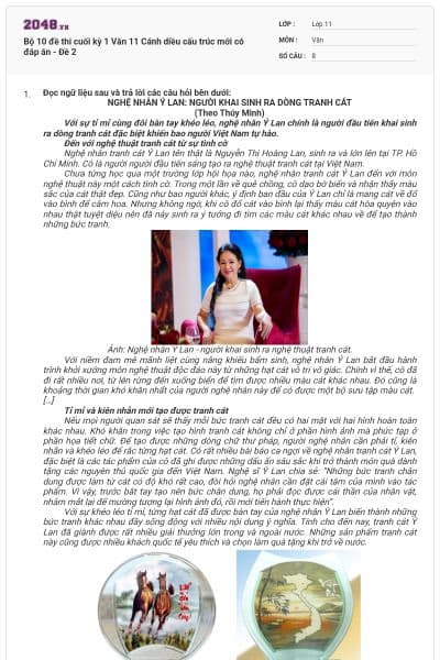 Bộ 10 đề thi cuối kỳ 1 Văn 11 Cánh diều cấu trúc mới có đáp án - Đề 2