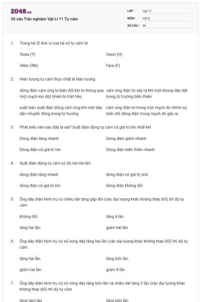 36 câu  Trắc nghiệm Vật Lí 11 Tự cảm
