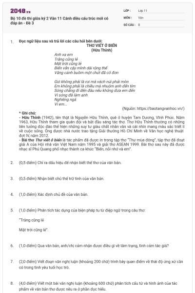 Bộ 10 đề thi giữa ký 2 Văn 11 Cánh diều cấu trúc mới có đáp án - Đề 3