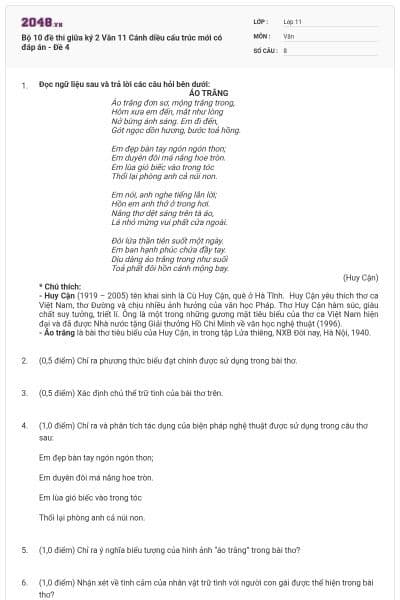Bộ 10 đề thi giữa ký 2 Văn 11 Cánh diều cấu trúc mới có đáp án - Đề 4