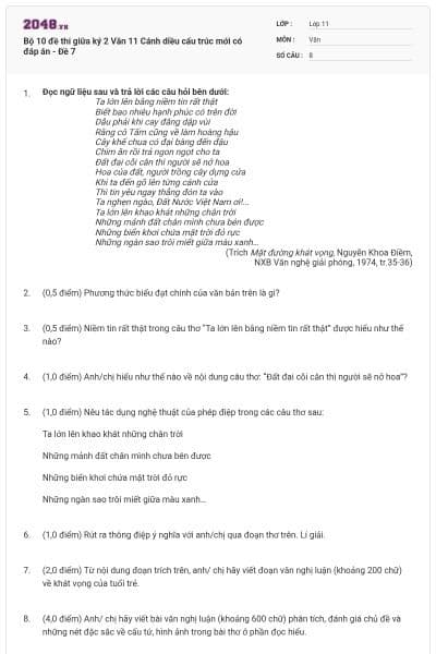 Bộ 10 đề thi giữa ký 2 Văn 11 Cánh diều cấu trúc mới có đáp án - Đề 7