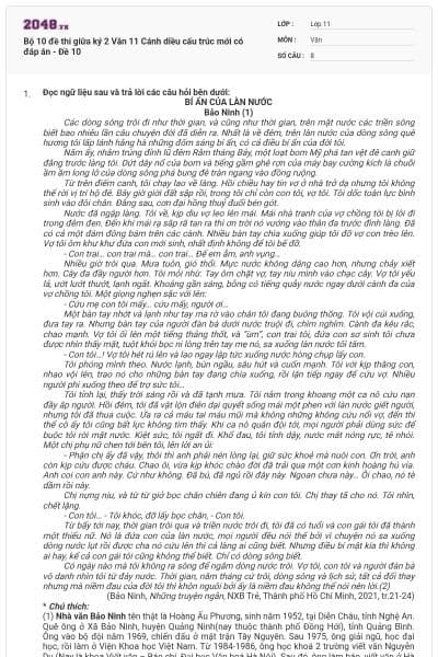 Bộ 10 đề thi giữa ký 2 Văn 11 Cánh diều cấu trúc mới có đáp án - Đề 10