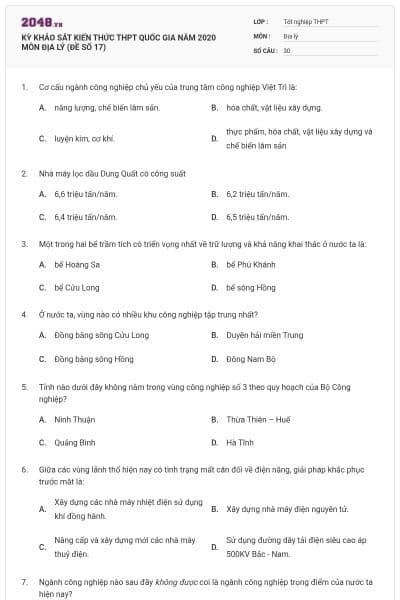 KỲ KHẢO SÁT KIẾN THỨC THPT QUỐC GIA NĂM 2020 MÔN ĐỊA LÝ (ĐỀ SỐ 17)
