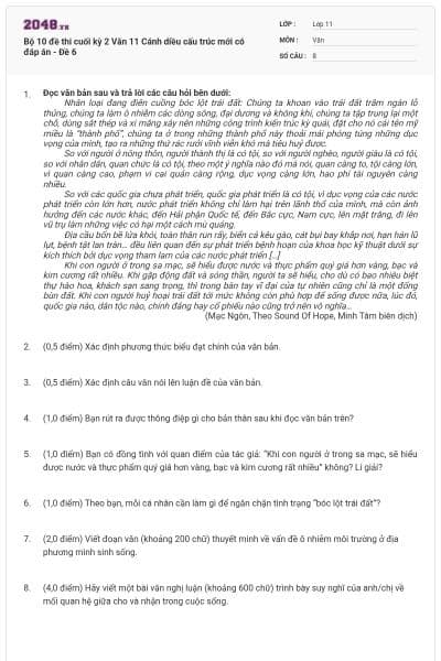 Bộ 10 đề thi cuối kỳ 2 Văn 11 Cánh diều cấu trúc mới có đáp án - Đề 6