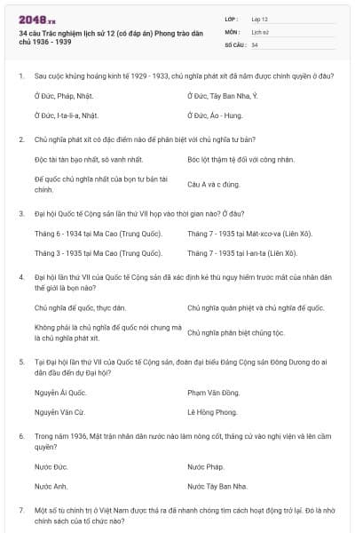 34 câu  Trắc nghiệm lịch sử 12 (có đáp án) Phong trào dân chủ 1936 - 1939