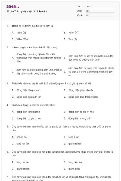 36 câu Trắc nghiệm Vật Lí 11 Tự cảm