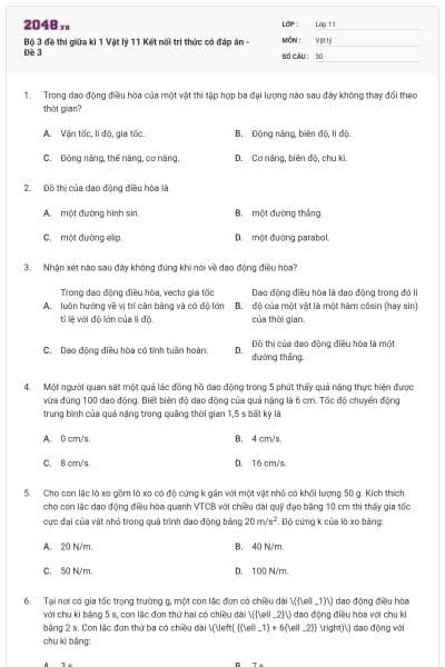 Bộ 3 đề thi giữa kì 1 Vật lý 11 Kết nối tri thức có đáp án - Đề 3