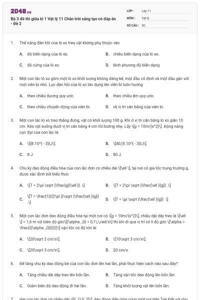 Bộ 3 đề thi giữa kì 1 Vật lý 11 Chân trời sáng tạo có đáp án - Đề 2