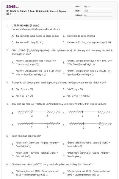 Bộ 10 đề thi Giữa kì 1 Toán 10 Kết nối tri thức có đáp án - Đề 3