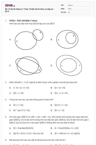Bộ 10 đề thi Giữa kì 1 Toán 10 Kết nối tri thức có đáp án - Đề 4