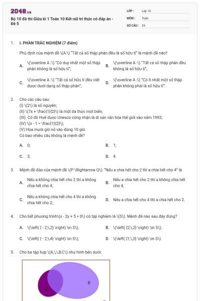Bộ 10 đề thi Giữa kì 1 Toán 10 Kết nối tri thức có đáp án - Đề 5