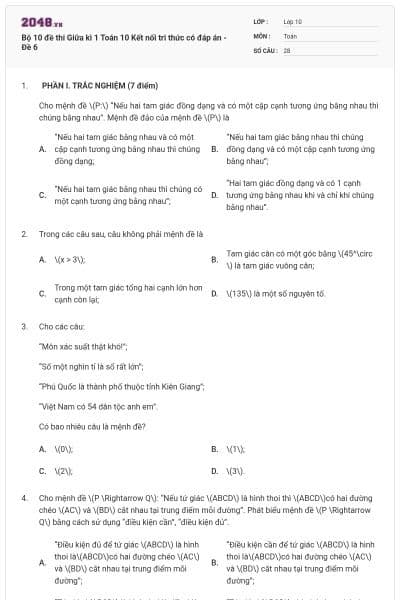 Bộ 10 đề thi Giữa kì 1 Toán 10 Kết nối tri thức có đáp án - Đề 6