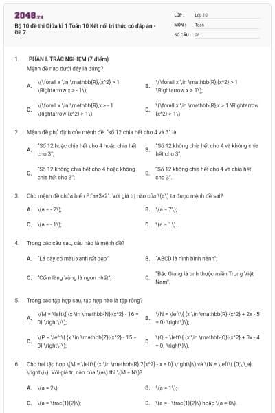 Bộ 10 đề thi Giữa kì 1 Toán 10 Kết nối tri thức có đáp án - Đề 7