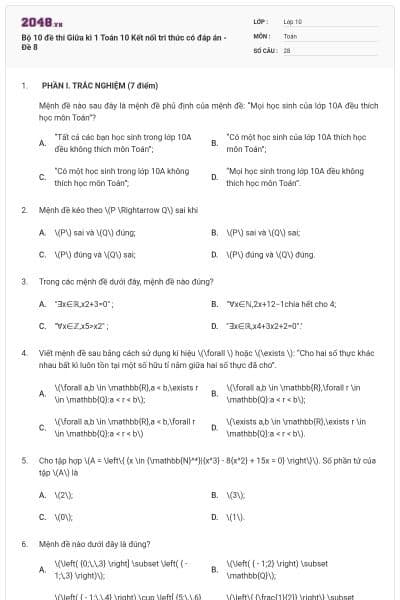 Bộ 10 đề thi Giữa kì 1 Toán 10 Kết nối tri thức có đáp án - Đề 8