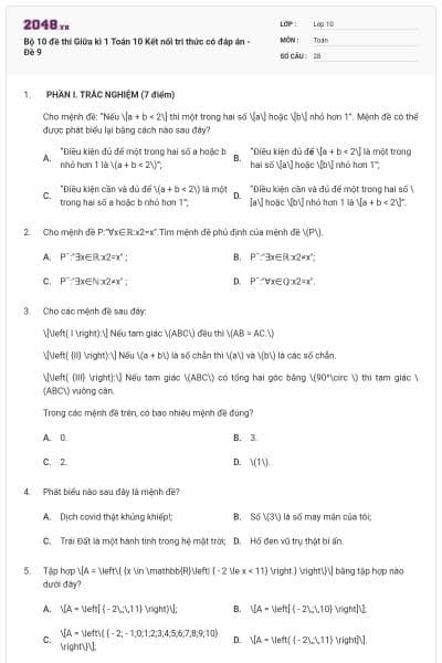 Bộ 10 đề thi Giữa kì 1 Toán 10 Kết nối tri thức có đáp án - Đề 9