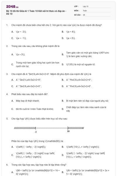 Bộ 10 đề thi Giữa kì 1 Toán 10 Kết nối tri thức có đáp án - Đề 10