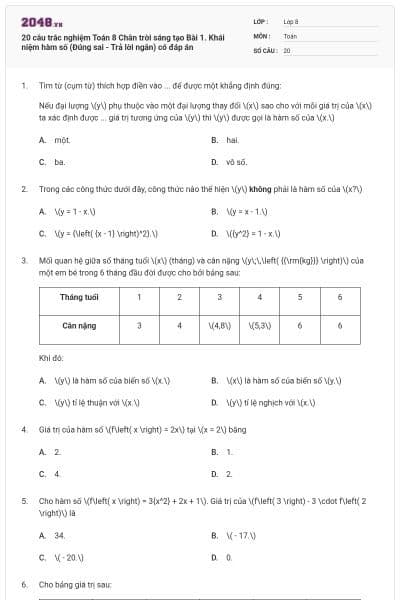 20 câu trắc nghiệm Toán 8 Chân trời sáng tạo Bài 1. Khái niệm hàm số (Đúng sai - Trả lời ngắn) có đáp án