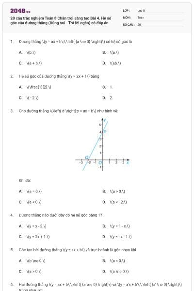 20 câu trắc nghiệm Toán 8 Chân trời sáng tạo Bài 4. Hệ số góc của đường thẳng (Đúng sai - Trả lời ngắn) có đáp án