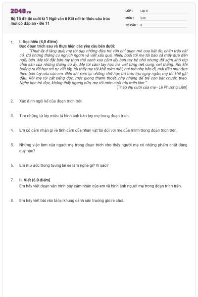 Bộ 15 đề thi cuối kì 1 Ngữ văn 6 Kết nối tri thức cấu trúc mới có đáp án - Đề 11