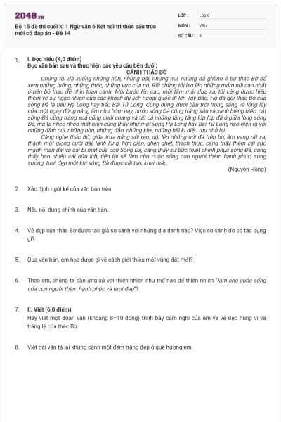 Bộ 15 đề thi cuối kì 1 Ngữ văn 6 Kết nối tri thức cấu trúc mới có đáp án - Đề 14