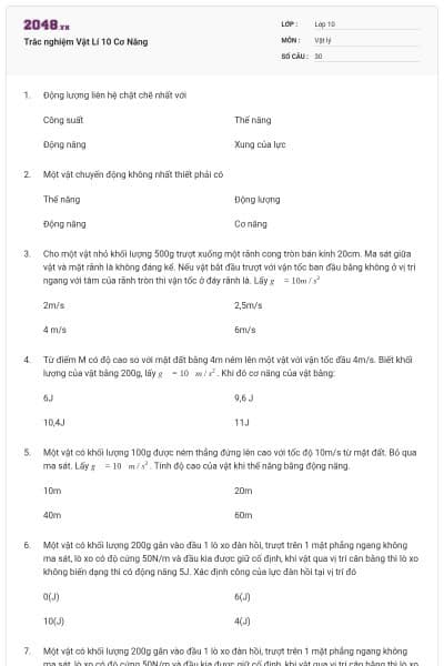 Trắc nghiệm Vật Lí 10 Cơ Năng