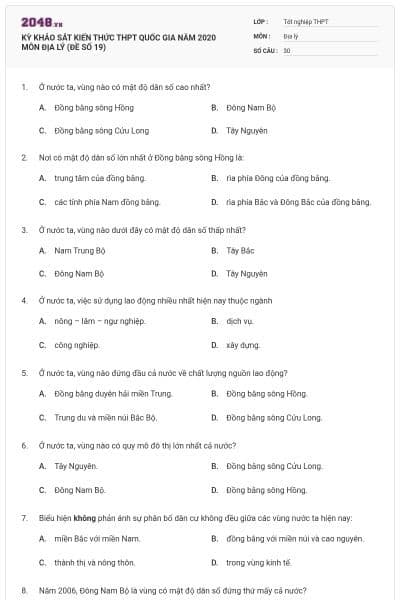 KỲ KHẢO SÁT KIẾN THỨC THPT QUỐC GIA NĂM 2020 MÔN ĐỊA LÝ (ĐỀ SỐ 19)
