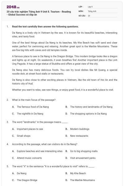 20 câu trắc nghiệm Tiếng Anh 9 Unit 8. Tourism - Reading - Global Success có đáp án