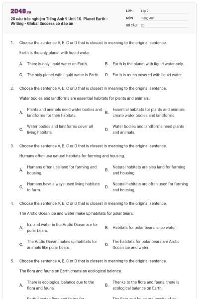 20 câu trắc nghiệm Tiếng Anh 9 Unit 10. Planet Earth - Writing - Global Success có đáp án