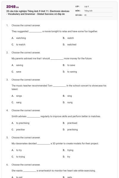 20 câu trắc nghiệm Tiếng Anh 9 Unit 11. Electronic devices - Vocabulary and Grammar - Global Success có đáp án