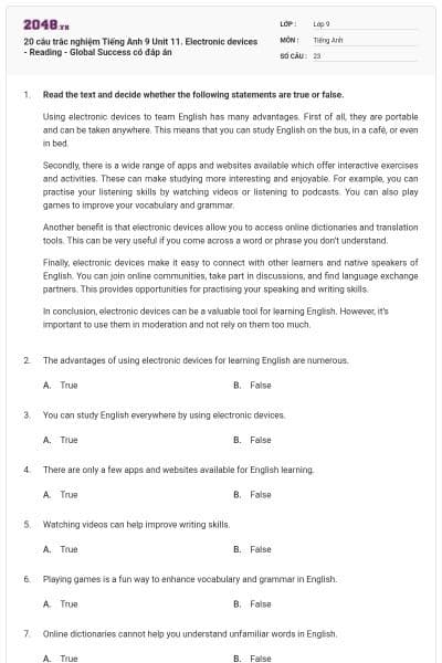 20 câu trắc nghiệm Tiếng Anh 9 Unit 11. Electronic devices - Reading - Global Success có đáp án