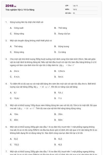 Trắc nghiệm Vật Lí 10 Cơ Năng