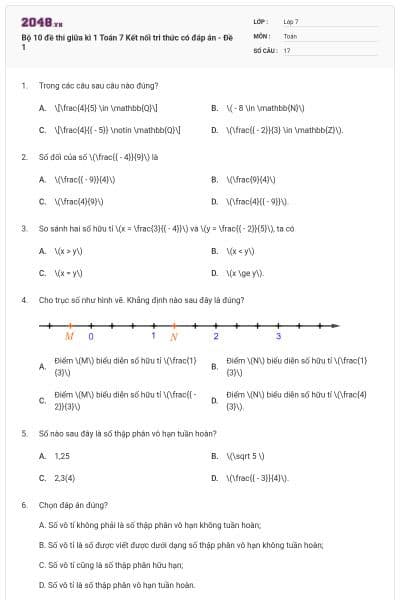 Bộ 10 đề thi giữa kì 1 Toán 7 Kết nối tri thức có đáp án - Đề 1