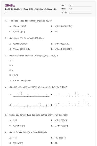 Bộ 10 đề thi giữa kì 1 Toán 7 Kết nối tri thức có đáp án - Đề 3