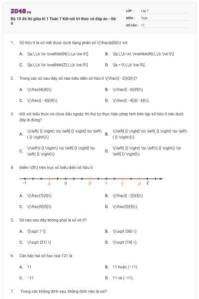 Bộ 10 đề thi giữa kì 1 Toán 7 Kết nối tri thức có đáp án - Đề 4