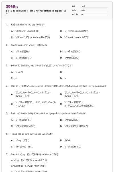 Bộ 10 đề thi giữa kì 1 Toán 7 Kết nối tri thức có đáp án - Đề 5