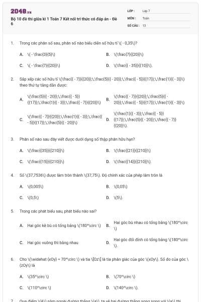 Bộ 10 đề thi giữa kì 1 Toán 7 Kết nối tri thức có đáp án - Đề 6