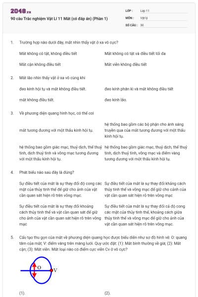 90 câu Trắc nghiệm Vật Lí 11 Mắt (có đáp án) (Phần 1)