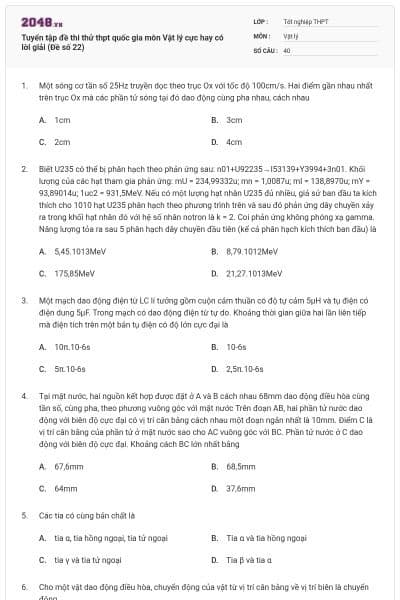 Tuyển tập đề thi thử thpt quốc gia môn Vật lý cực hay có lời giải (Đề số 22)