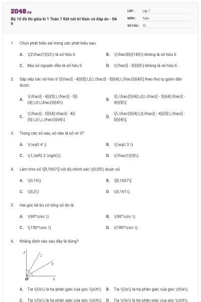 Bộ 10 đề thi giữa kì 1 Toán 7 Kết nối tri thức có đáp án - Đề 9