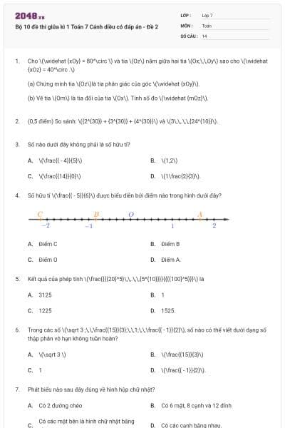 Bộ 10 đề thi giữa kì 1 Toán 7 Cánh diều có đáp án - Đề 2