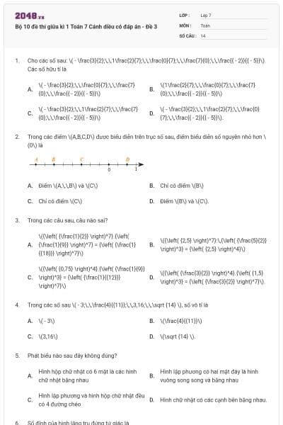 Bộ 10 đề thi giữa kì 1 Toán 7 Cánh diều có đáp án - Đề 3