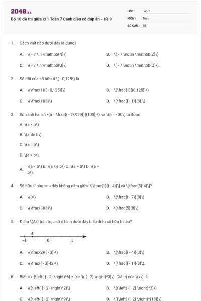 Bộ 10 đề thi giữa kì 1 Toán 7 Cánh diều có đáp án - Đề 9