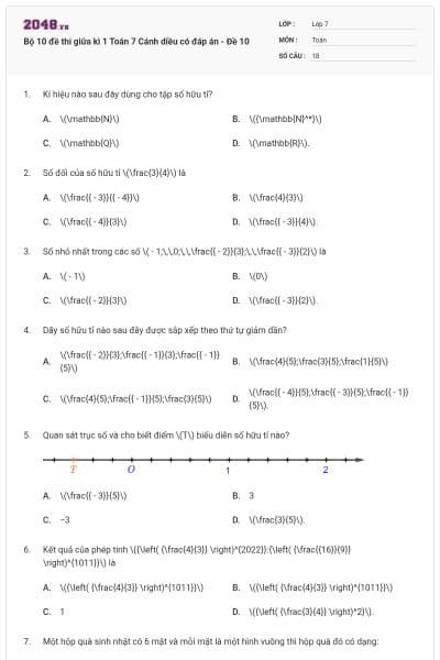 Bộ 10 đề thi giữa kì 1 Toán 7 Cánh diều có đáp án - Đề 10