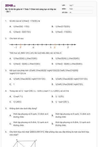Bộ 10 đề thi giữa kì 1 Toán 7 Chân trời sáng tạo có đáp án - Đề 1