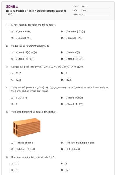 Bộ 10 đề thi giữa kì 1 Toán 7 Chân trời sáng tạo có đáp án - Đề 4