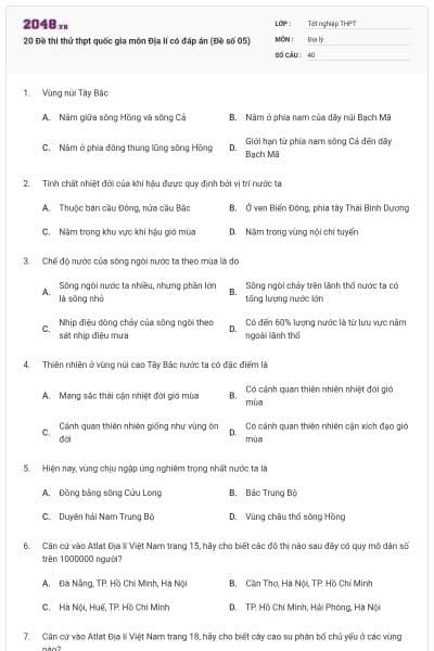 20 Đề thi thử thpt quốc gia môn Địa lí có đáp án (Đề số 05)