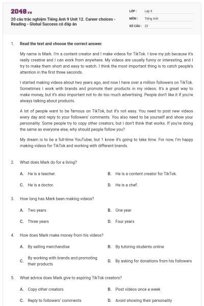 20 câu trắc nghiệm Tiếng Anh 9 Unit 12. Career choices - Reading - Global Success có đáp án