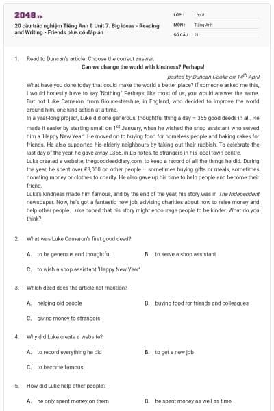 20 câu trắc nghiệm Tiếng Anh 8 Unit 7. Big ideas - Reading and Writing - Friends plus có đáp án