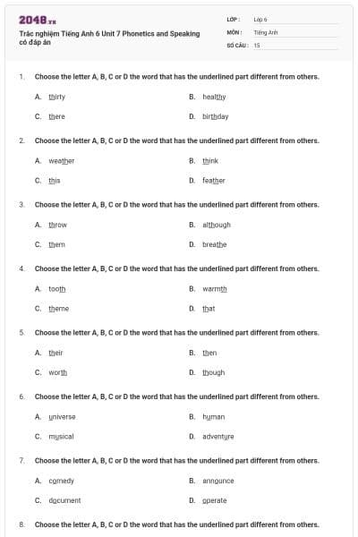 Trắc nghiệm Tiếng Anh 6 Unit 7 Phonetics and Speaking có đáp án